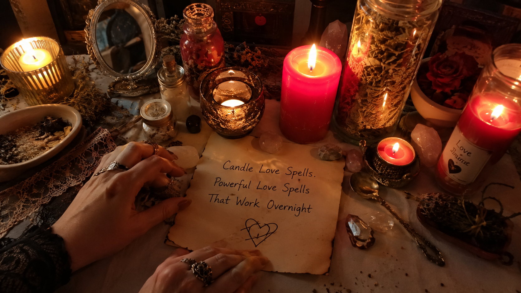 Candle love spells with glowing candles and ritual tools for powerful overnight love spell work to attract romance