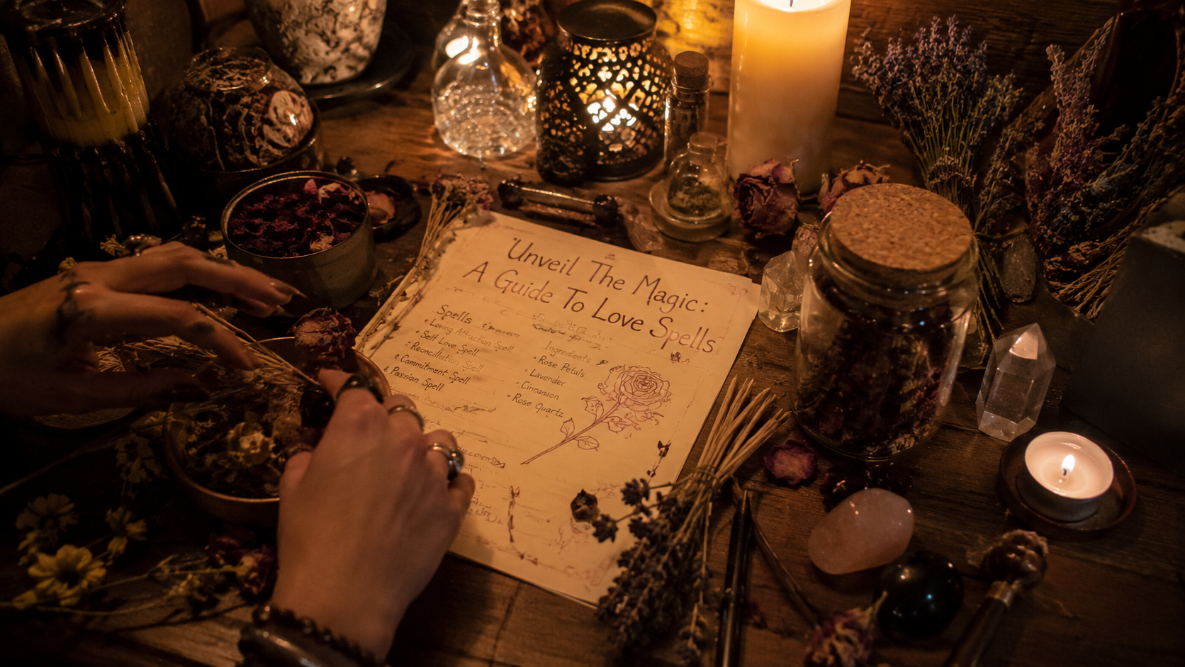 A glowing candle and red roses beside a spellbook, evoking love spells and mystical romance for a magical ritual.
