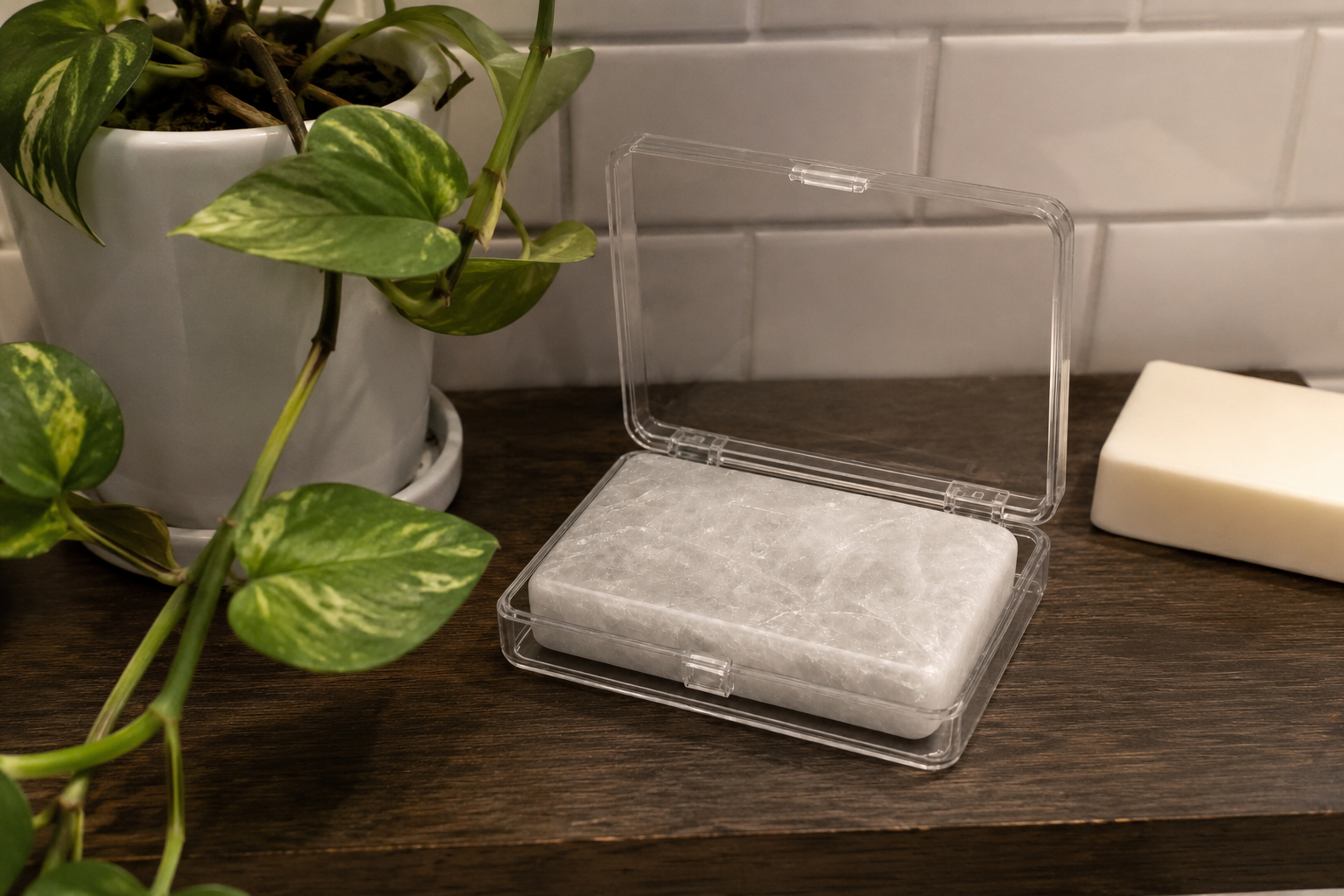 The Mineral in its case on a bathroom shelf, next to a plant and soap