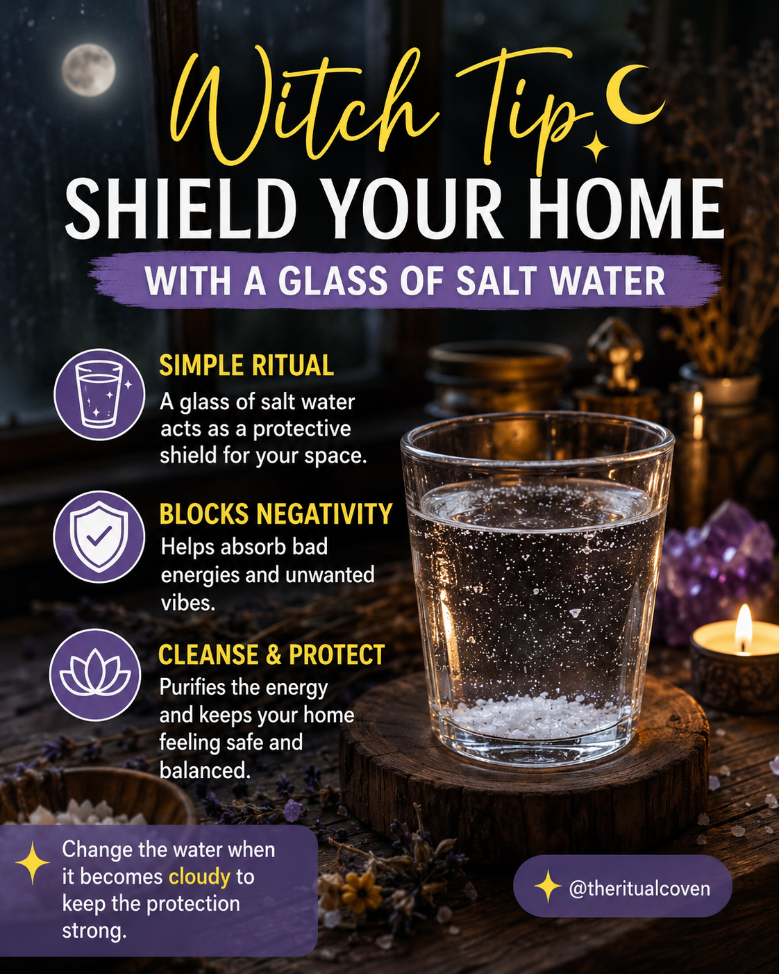 Glass of salt water prepared for a spiritual home protection ritual
