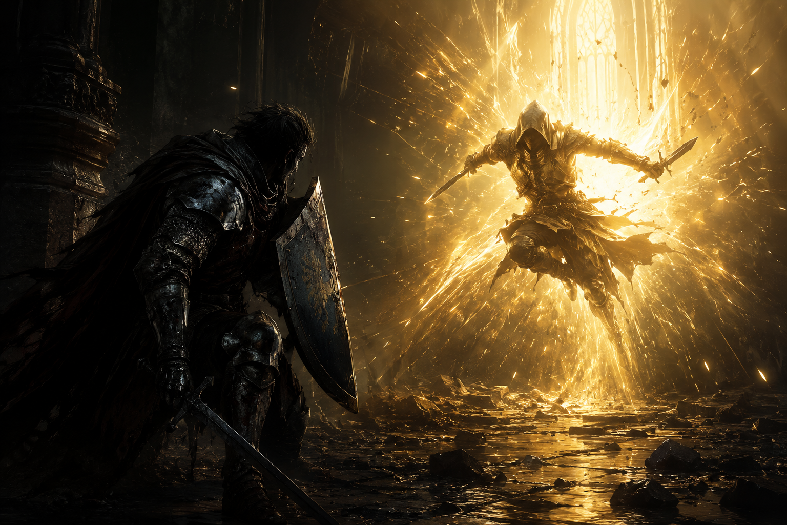 Contrast between a weakened Paladin in the shadows and a Rogue overwhelmed with golden damage