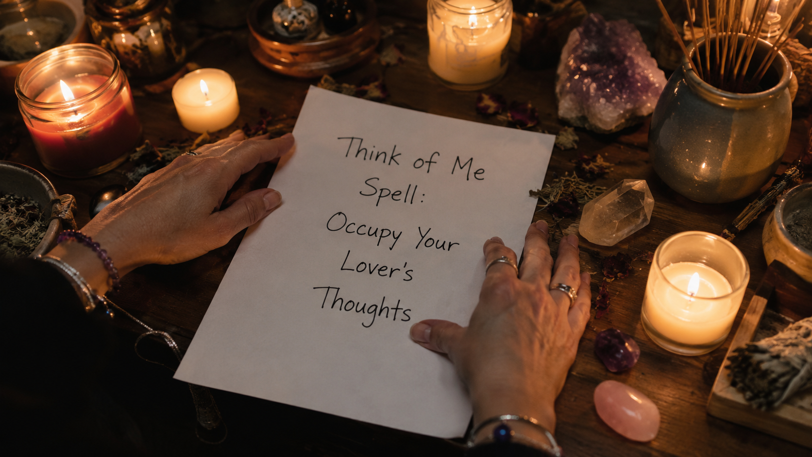 A romantic candlelit spell setup with roses, crystals, and handwritten notes to help occupy your lover’s thoughts