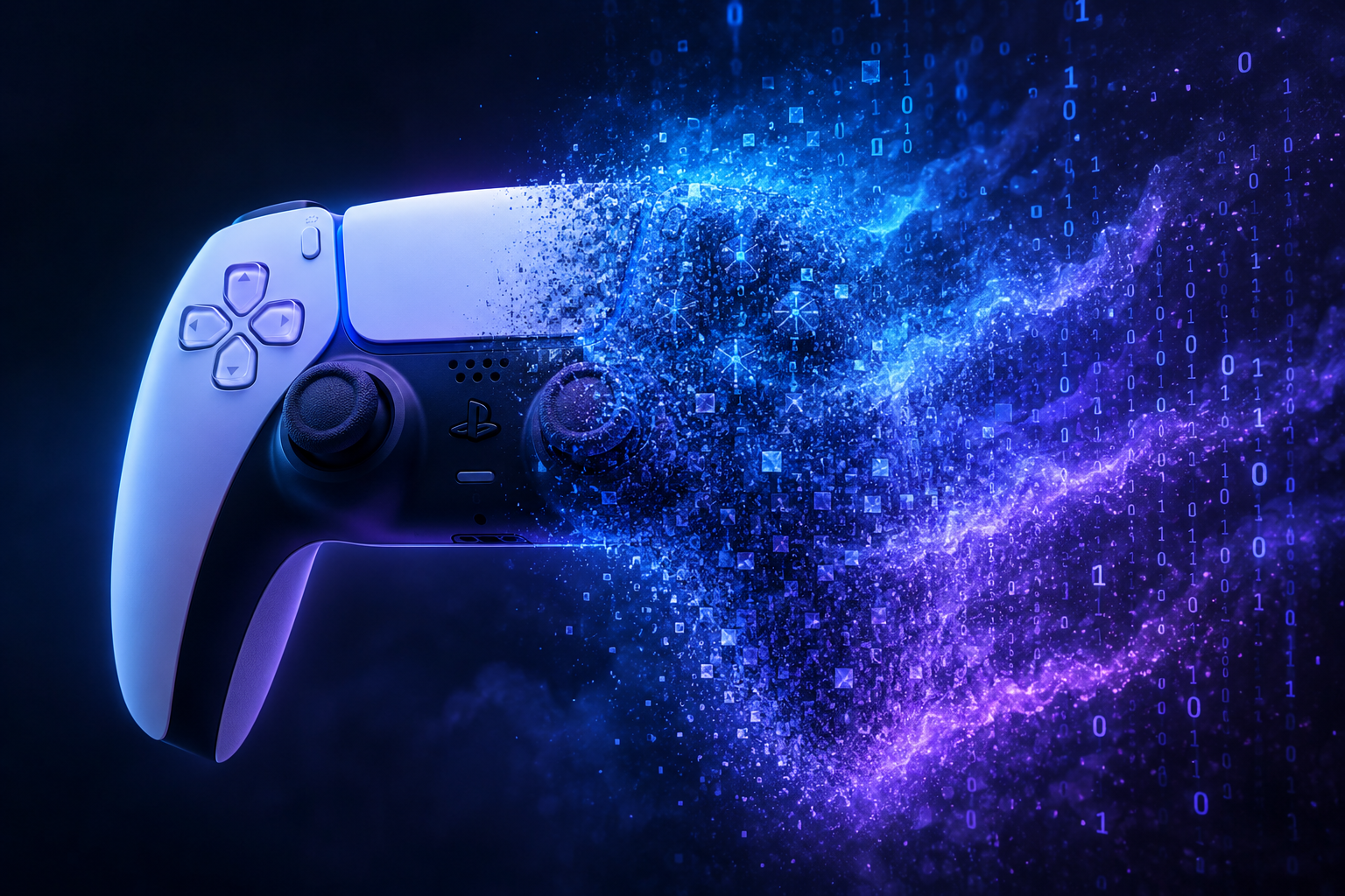 Manette PlayStation se dissolvant en particules numériques