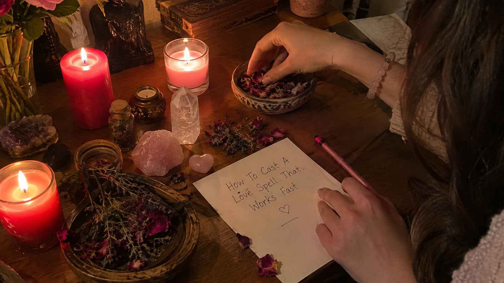 A candle-lit spell setup with herbs, crystals, and a handwritten note for casting a love spell that works fast