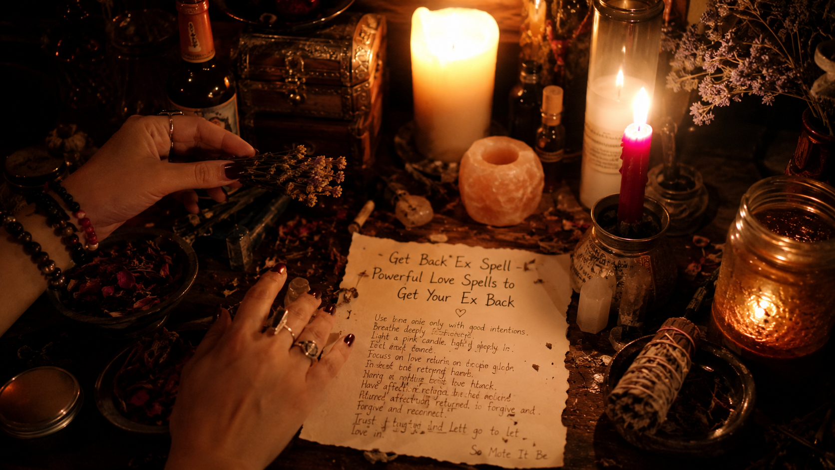 A mystical candlelight ritual with herbs and crystals for a get back ex spell to help attract lost love and reunion
