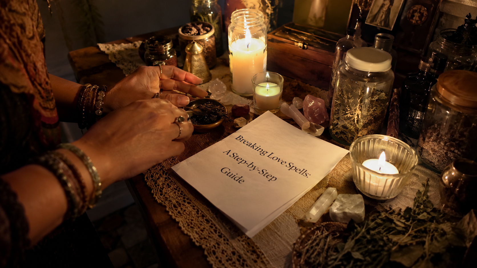 Diagram of breaking love spells with candles, herbs, and ritual tools arranged in a step-by-step guide for spiritual cleansing
