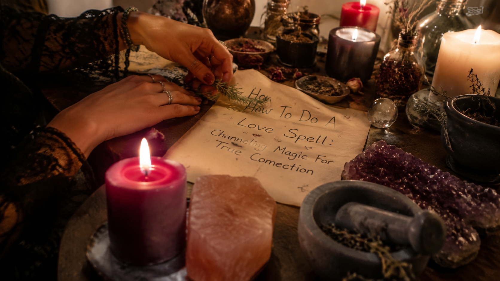 Candlelit ritual setup for a love spell, with crystals and herbs arranged to channel magic for true connection