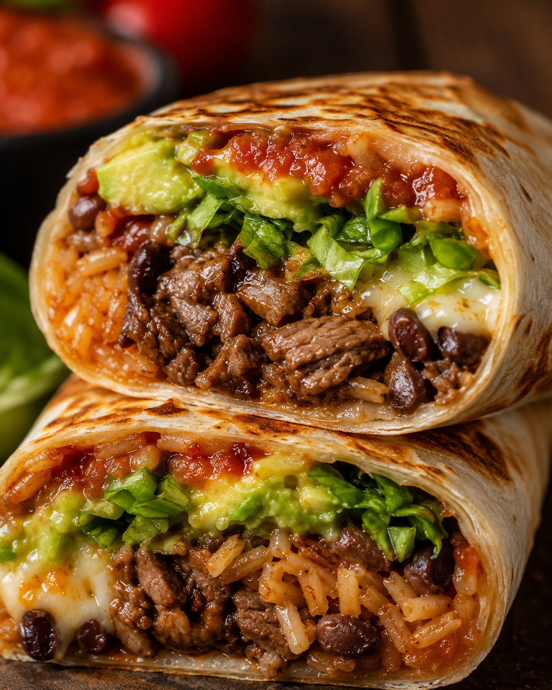 Close-up of a Mexican spicy burrito showing its filling
