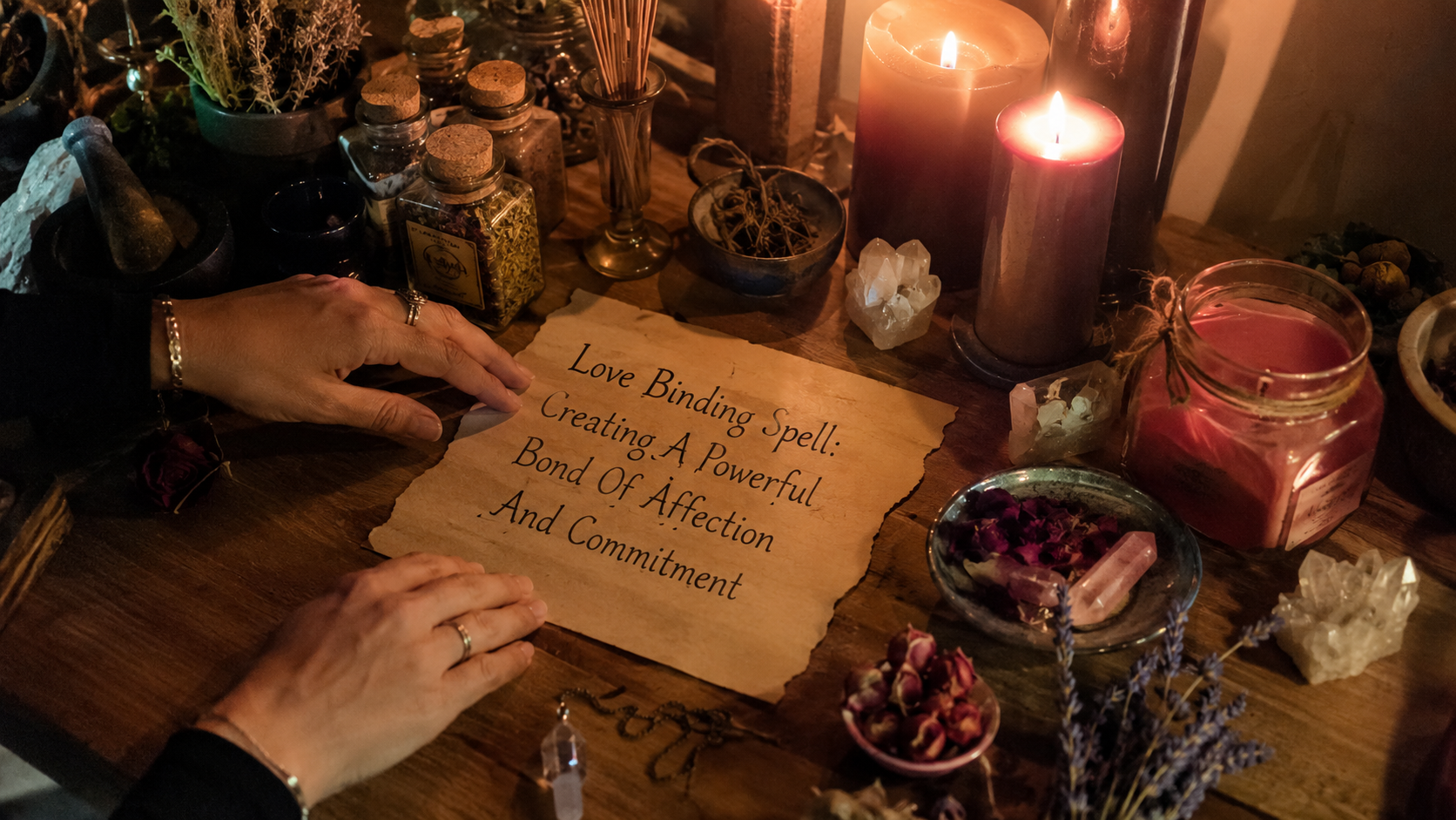 Love binding spell ritual with candles and herbs, creating a powerful bond of affection and commitment between two people