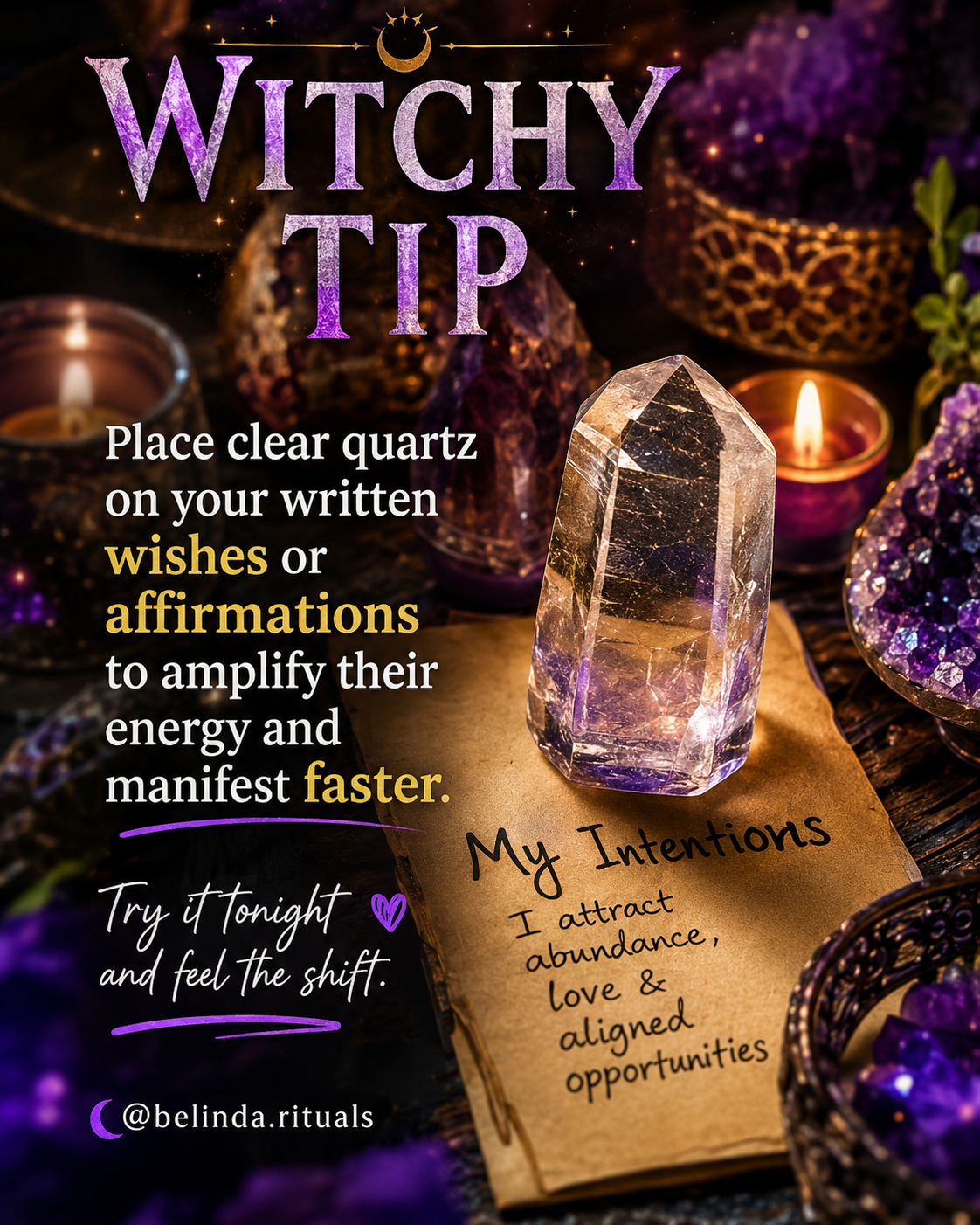 Beginner witchcraft altar with candles, crystals, and simple everyday magic tools