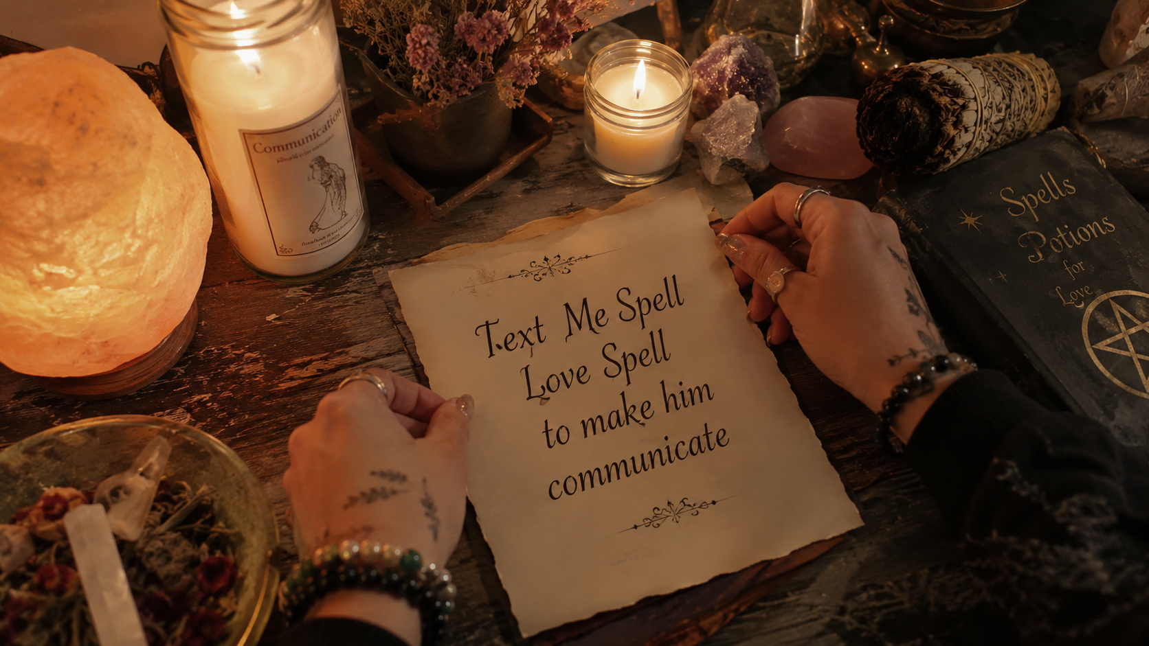 Text me spell love spell to make him communicate and open up in a romantic relationship, with a focused spiritual ritual image