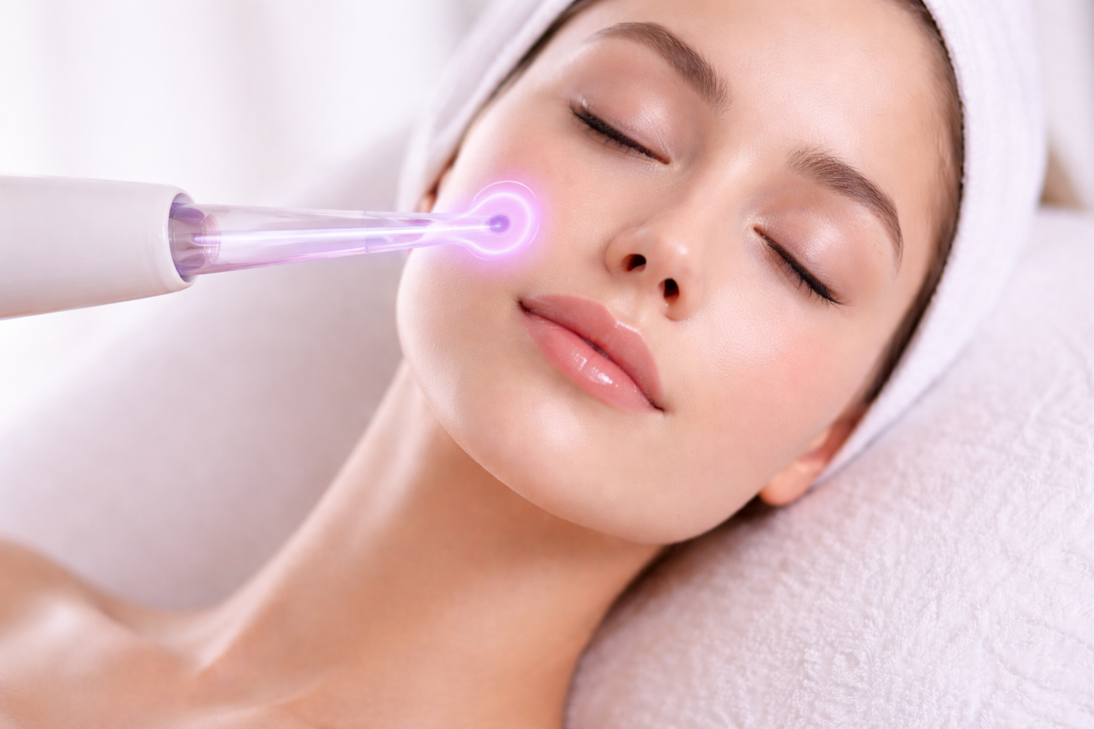 Argon high frequency wand electrode glowing violet on facial skin