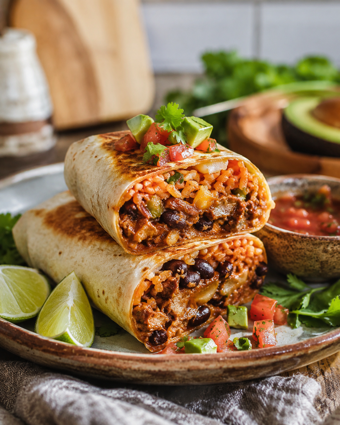 Beautifully plated Mexican spicy burrito with fresh toppings