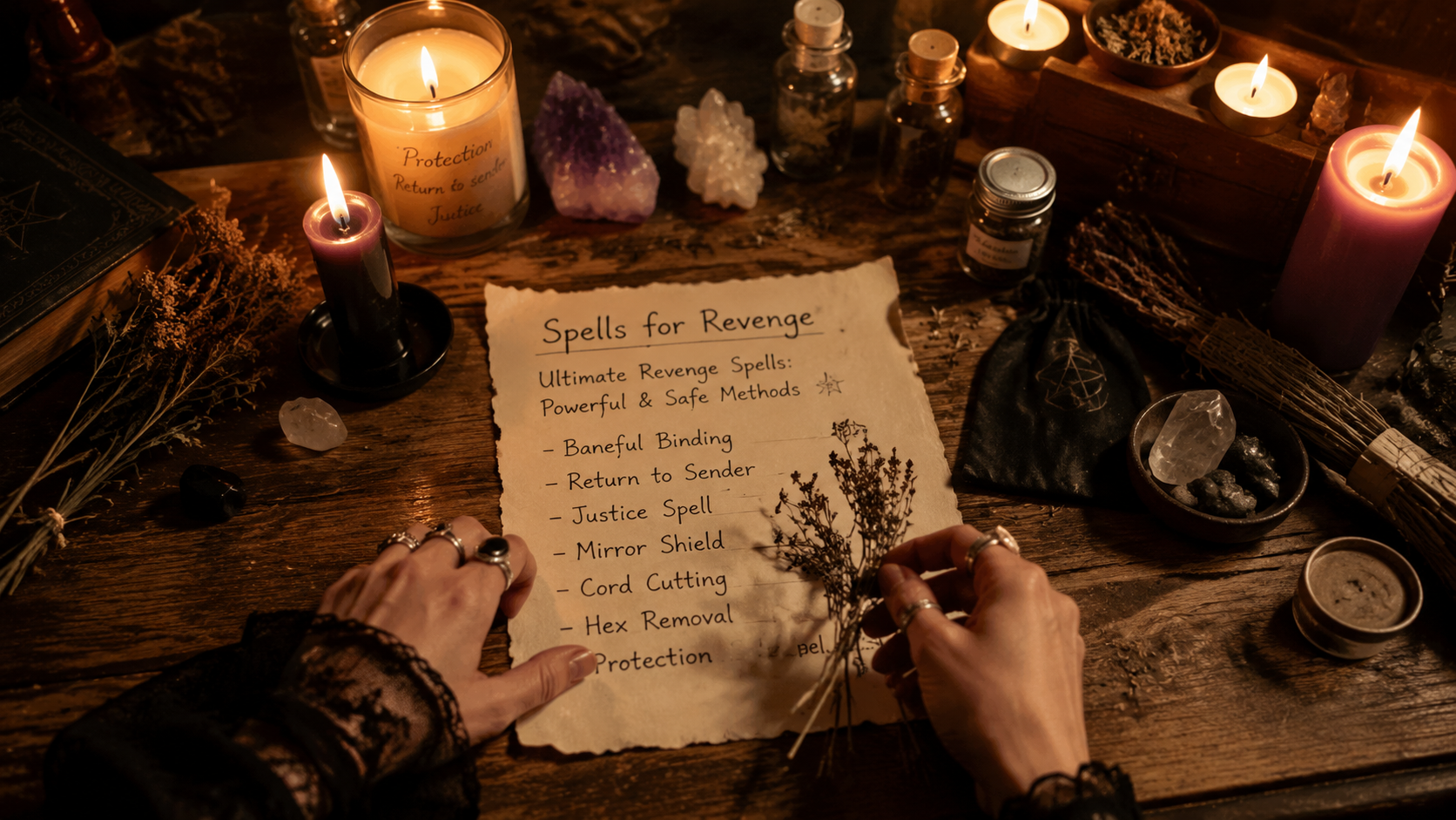 A candlelit spell setup with herbs, crystals, and a ritual book for revenge spells, shown in a mystical dark setting