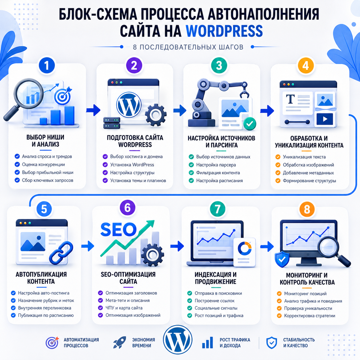 Блок-схема процесса автонаполнения сайта на WordPress — от выбора ниши до мониторинга качества, 8 последовательных шагов