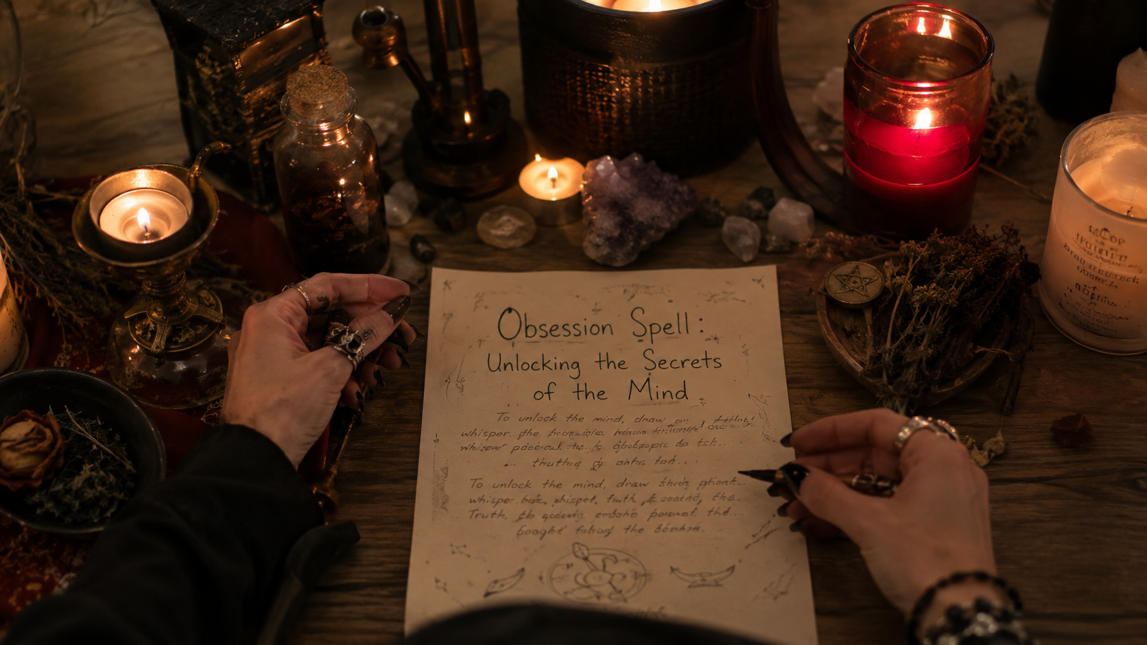 Mystical spellbook and glowing candles symbolizing obsession spell secrets of the mind and focused desire