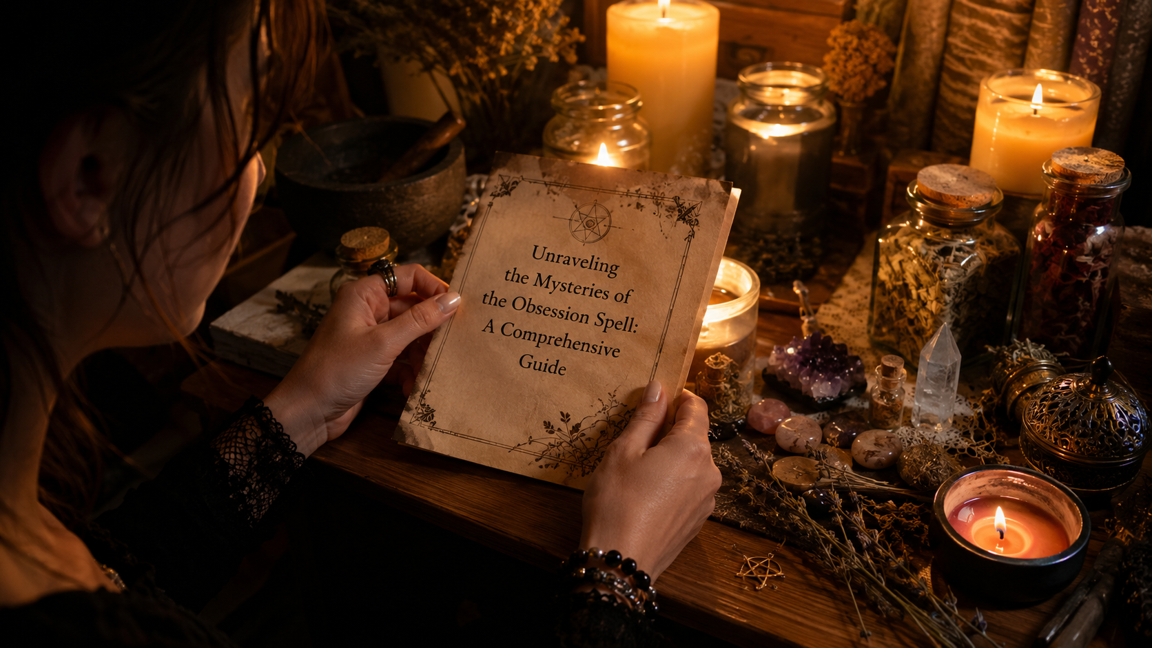 A mysterious spellbook with candles and crystals, illustrating an obsession spell guide for love magic and ritual practice