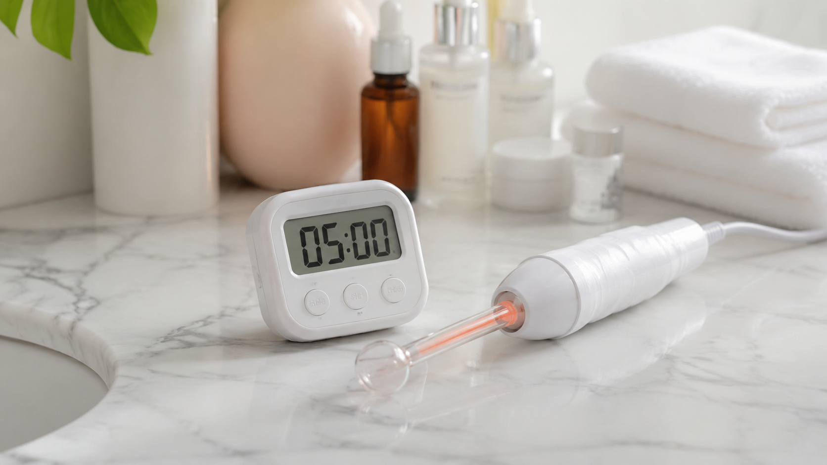 Timer next to high frequency wand on bathroom counter