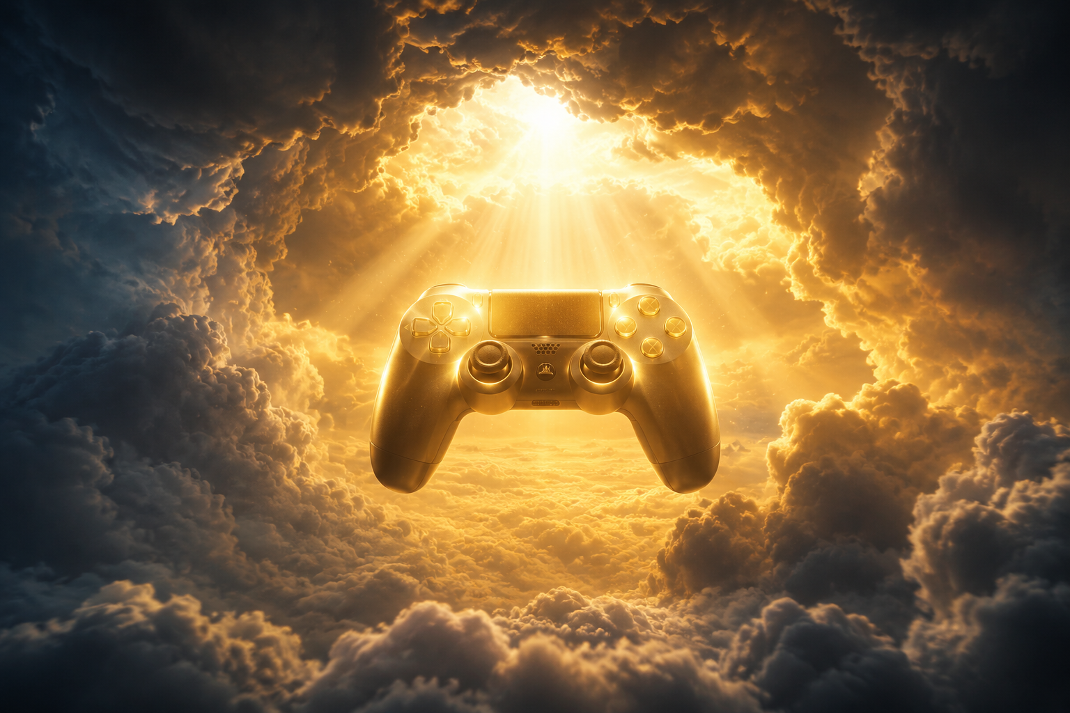 Nuages d'orage qui se dissipent au-dessus d'une manette de jeu lumineuse