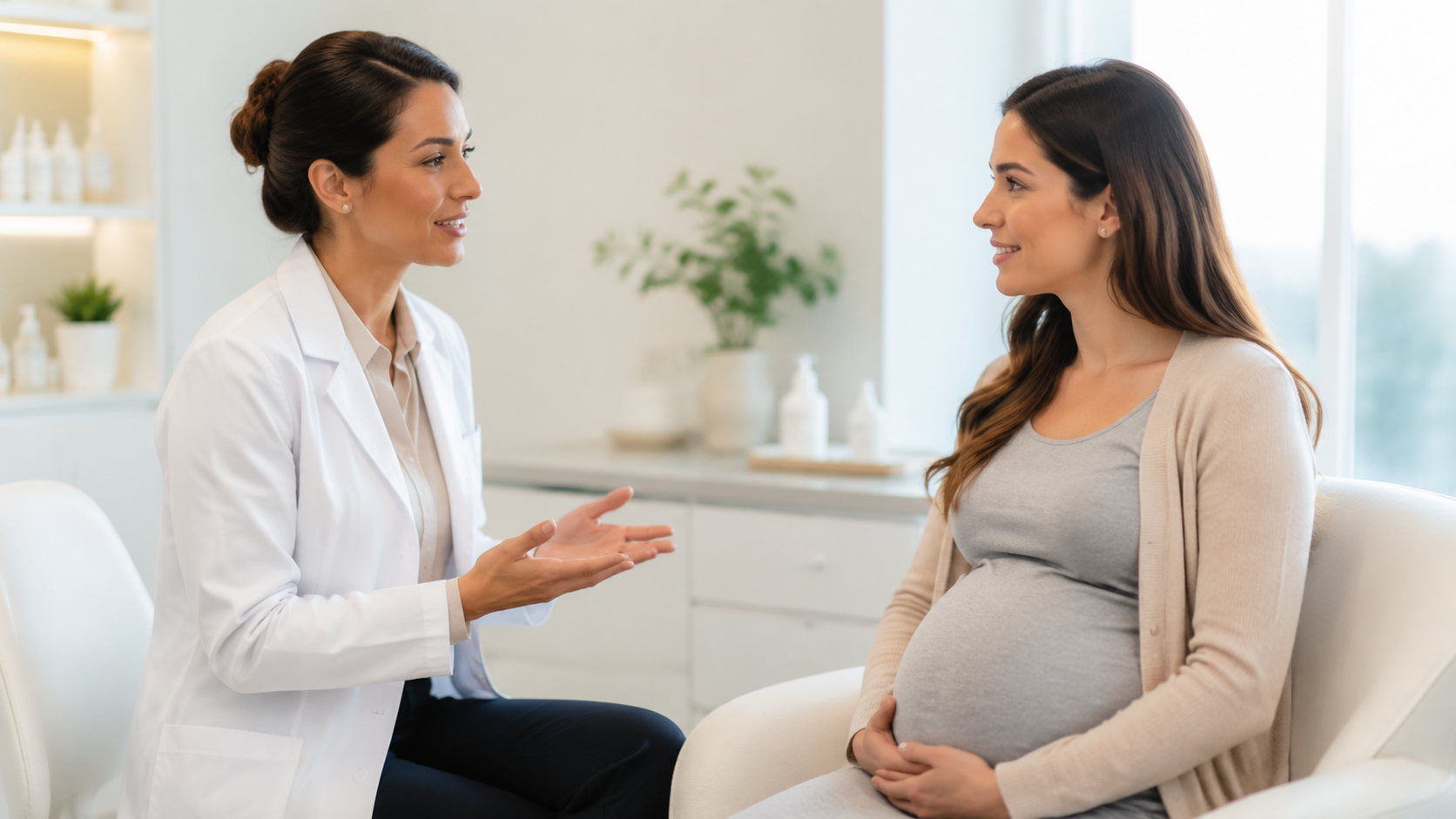 Dermatologist consulting with a pregnant patient about skincare