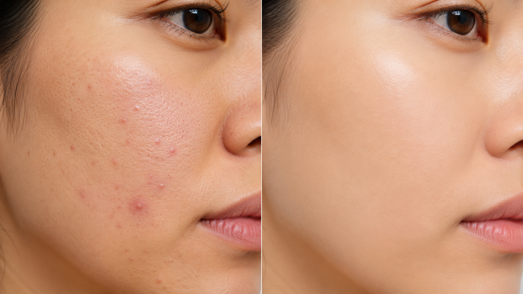 Before and after skin texture comparison close-up on woman's cheek