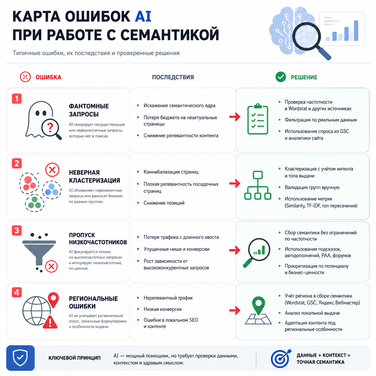 Карта ошибок AI при работе с семантикой: фантомные запросы, неверная кластеризация, пропуск низкочастотников, региональные ошибки — и решения для каждой