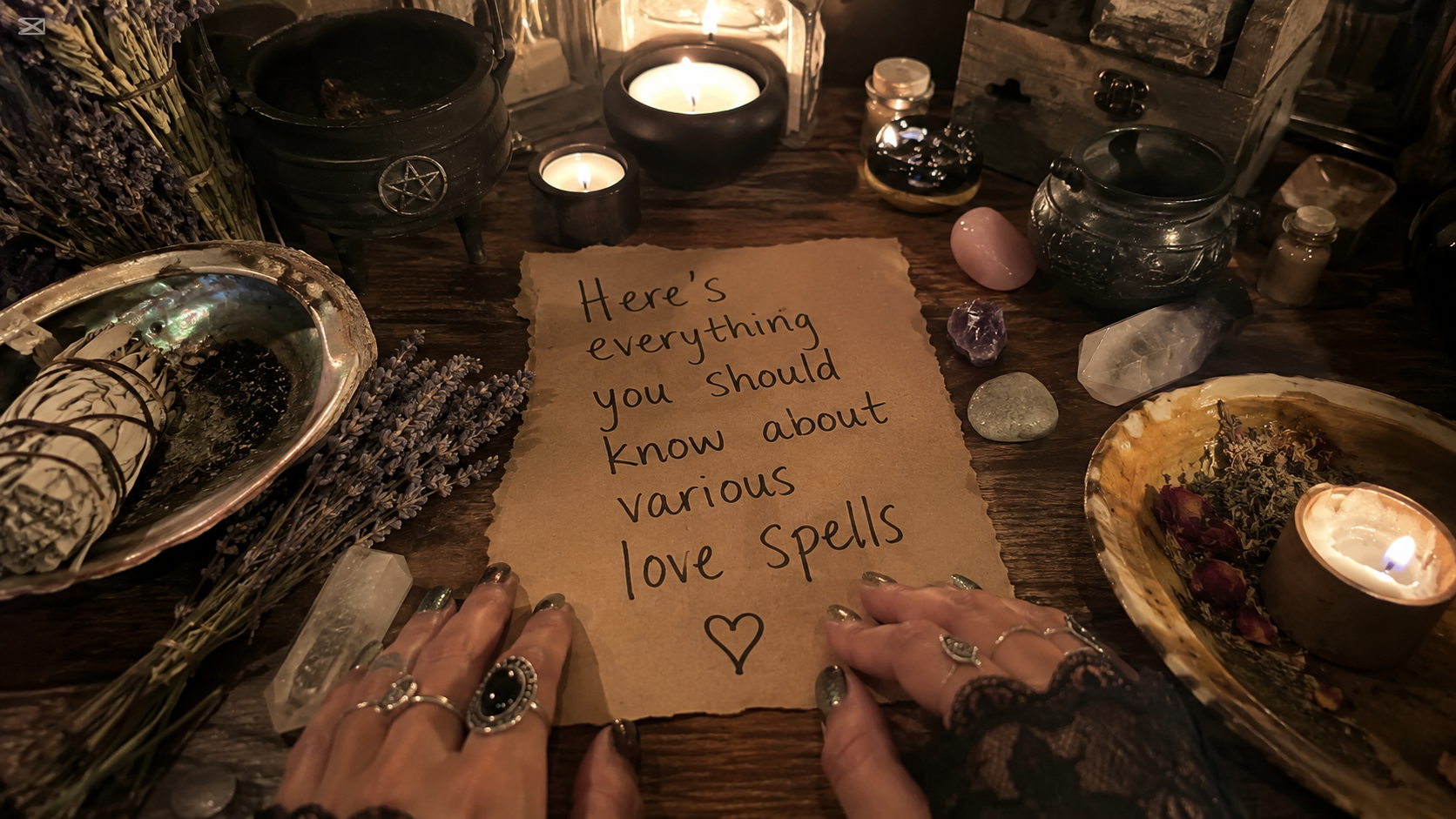Learn about various love spells with an informative blog image featuring magical symbols, candles, and a mystical red rose.