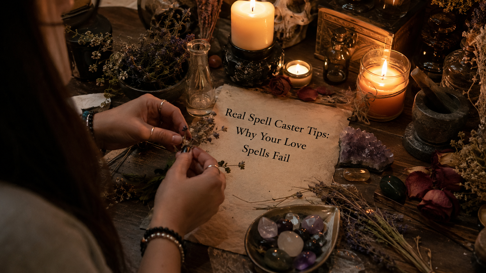 Real spell caster tips explaining why love spells fail, with candles, tarot cards, and mystical symbols on a ritual table