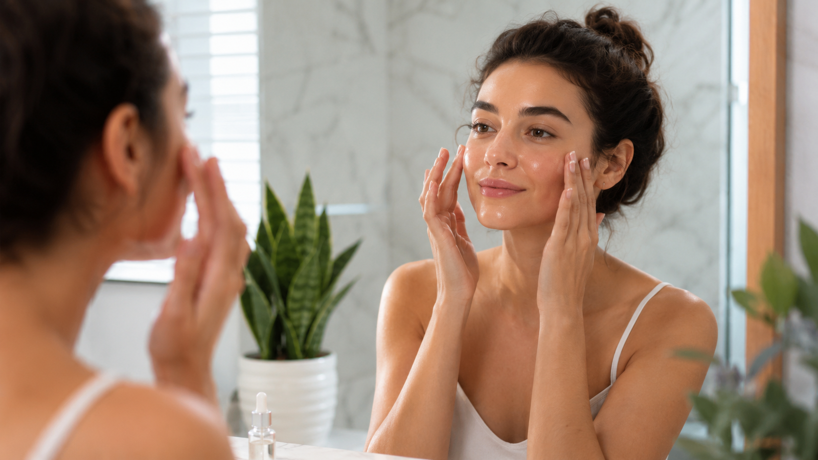 Woman applying serum after at-home facial wand session