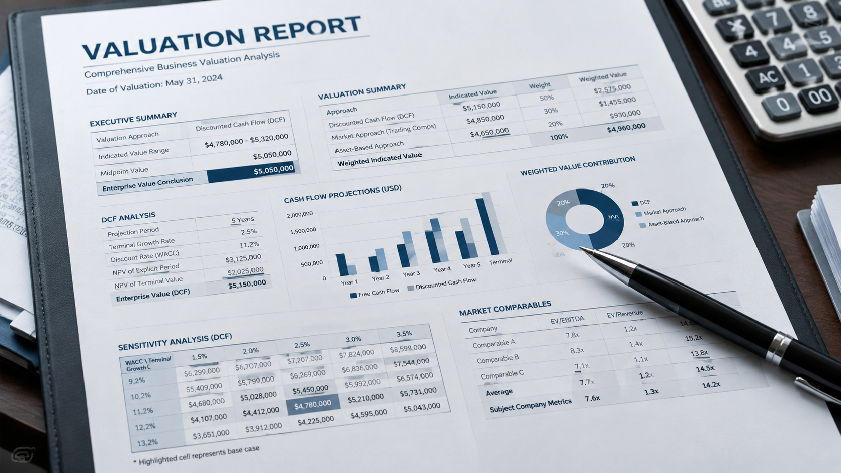 A detailed close-up of a valuation report with complex charts and figures, a pen resting on it, suggesting meticulous analysis