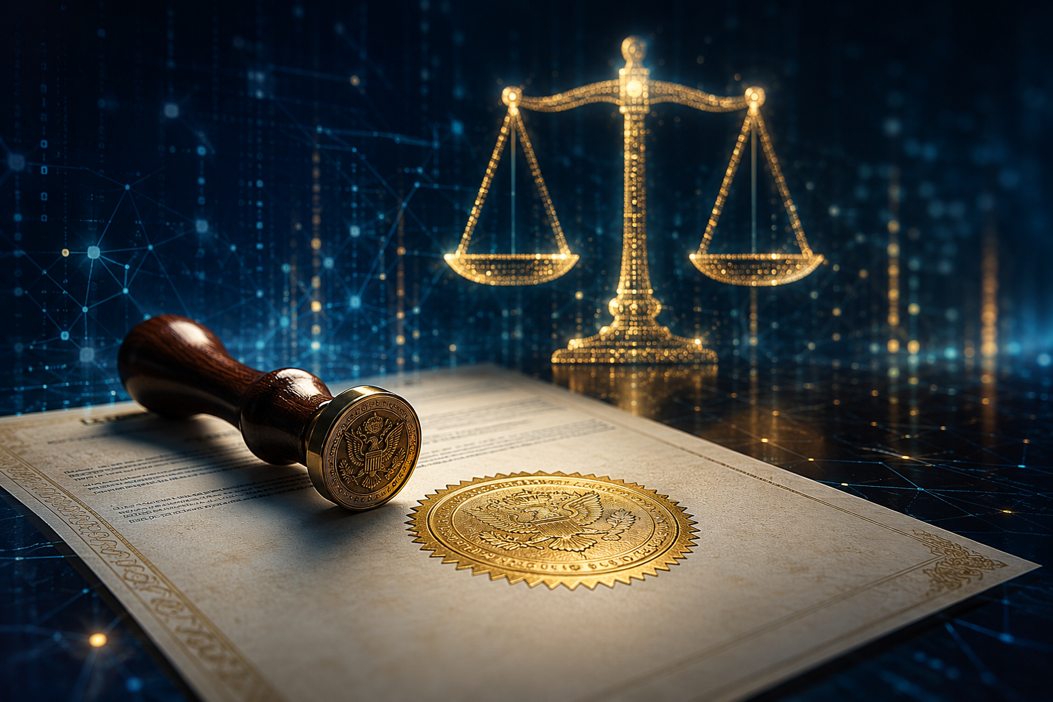 Document juridique scellé avec une balance de la justice numérique en arrière-plan