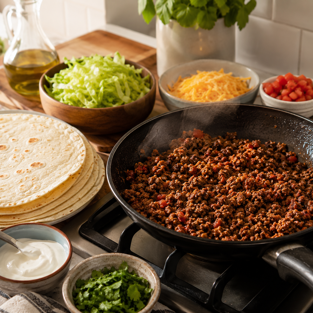 Cooking seasoned beef for a Mexican spicy burrito