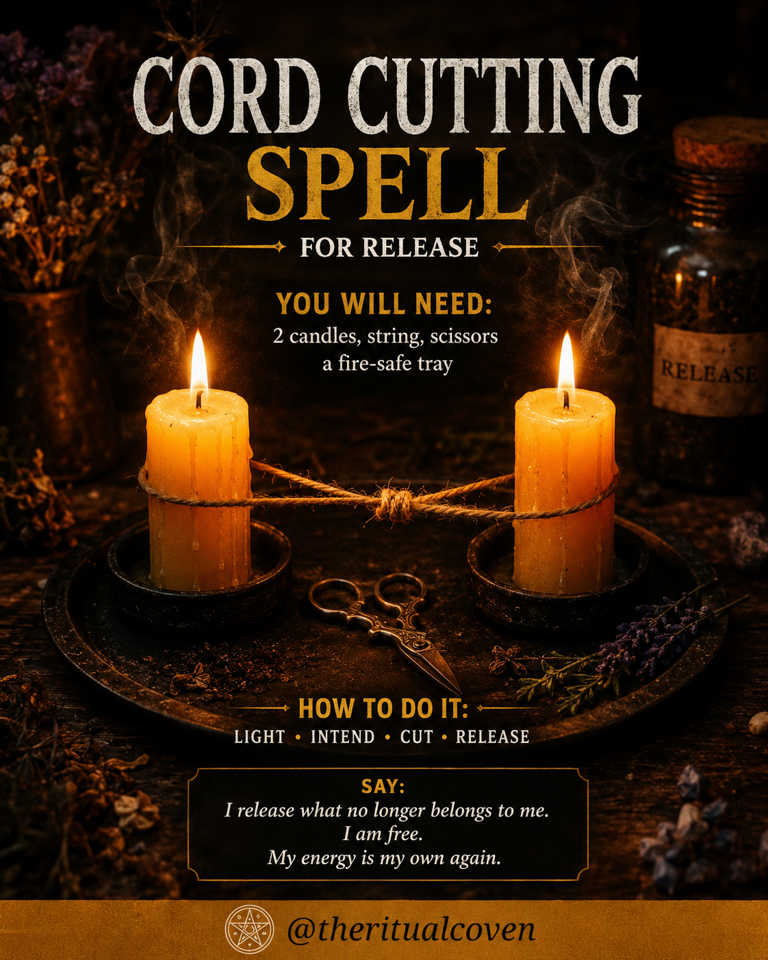 Powerful cord cutting spell ritual setup with candles and sacred tools for releasing negative energy