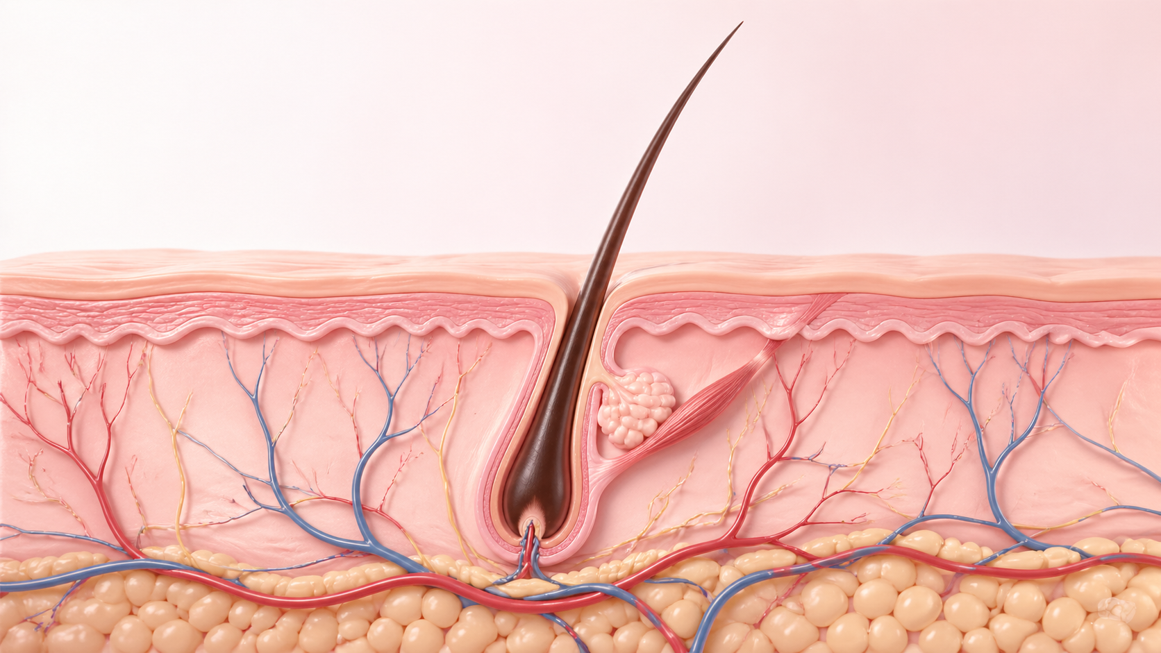 Diagram showing scalp cross-section with hair follicle and blood vessels