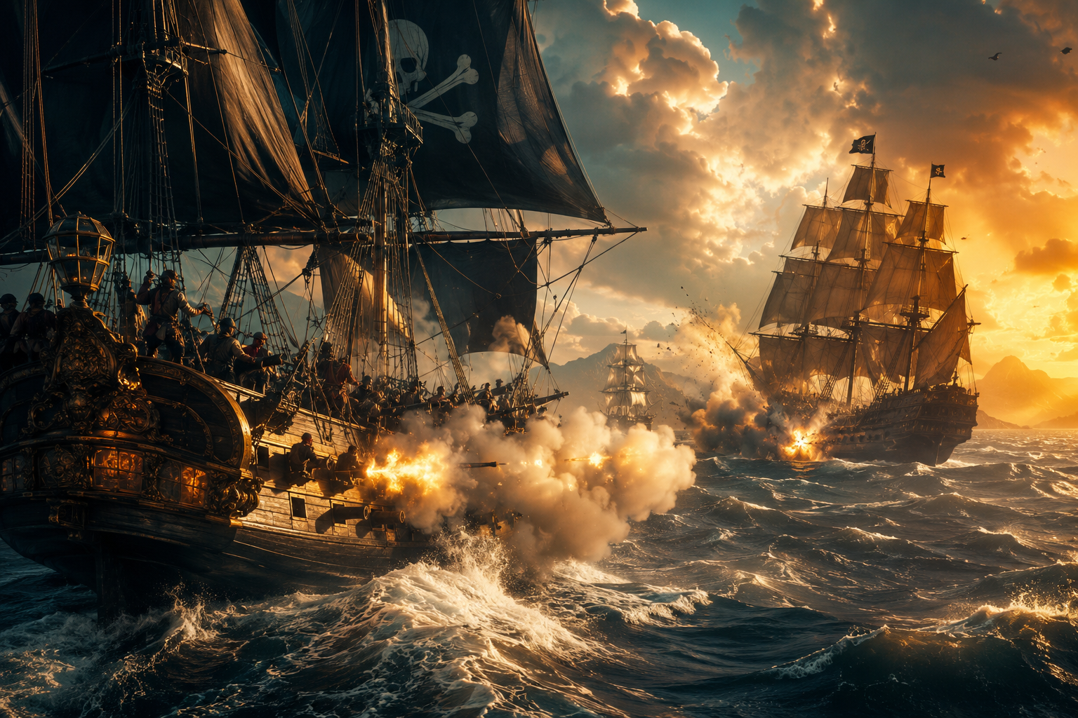 Bataille navale de pirates, ambiance Assassin's Creed Black Flag