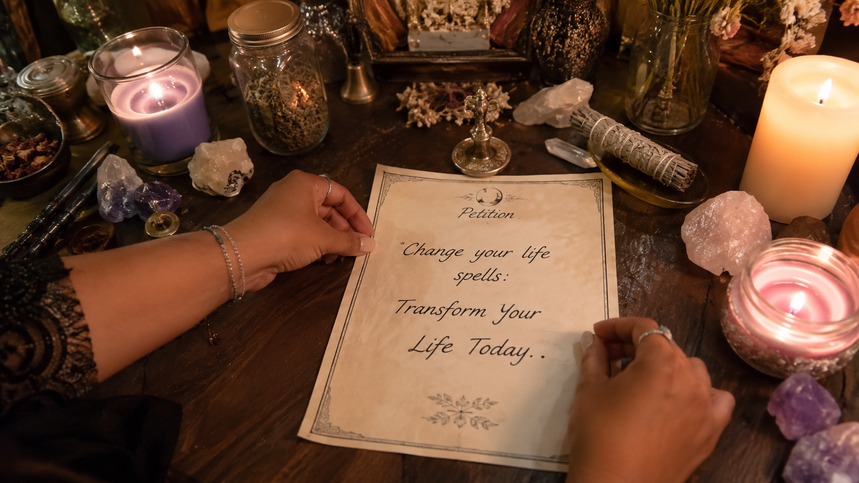 A person lighting a candle beside crystals and a journal for change your life spells and personal transformation today
