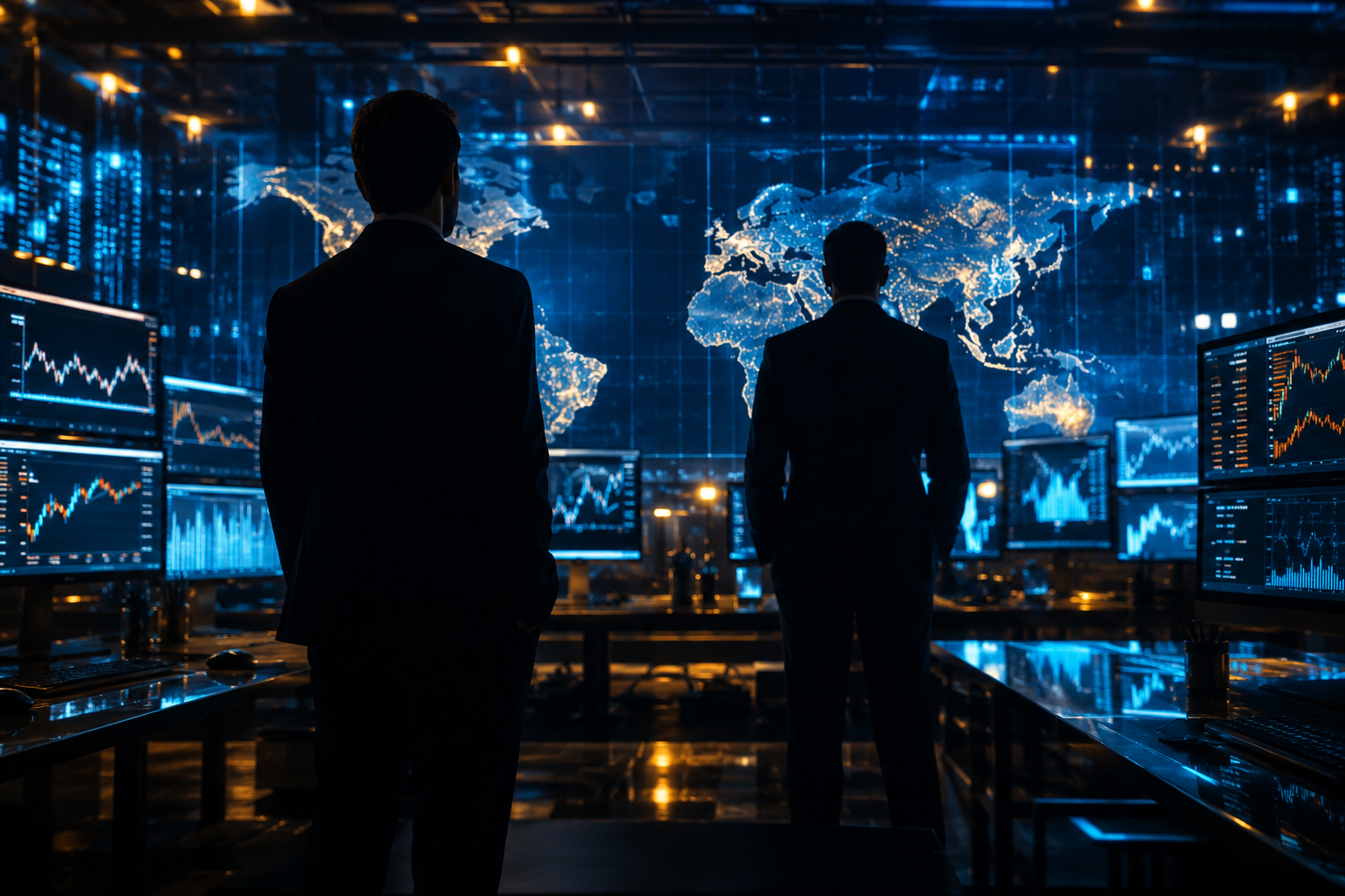 Silhouettes of two businessmen in front of screens displaying financial data and a world map