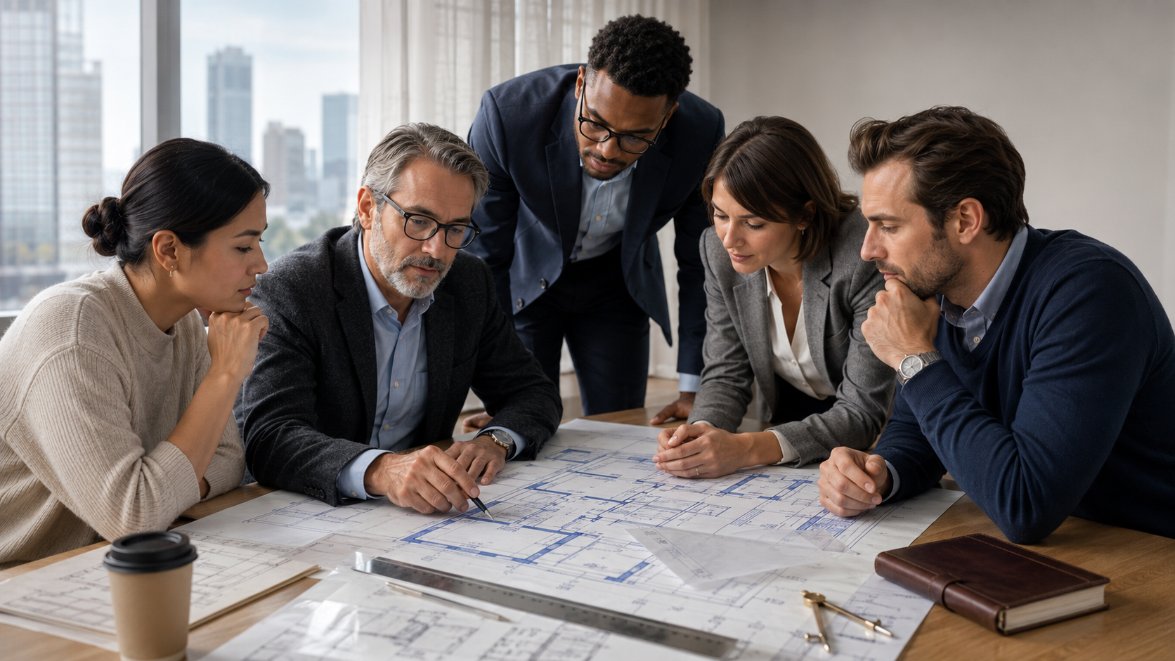A diverse group of professionals looking at a blueprint or property map, symbolizing expert collaboration and comprehensive valuation services