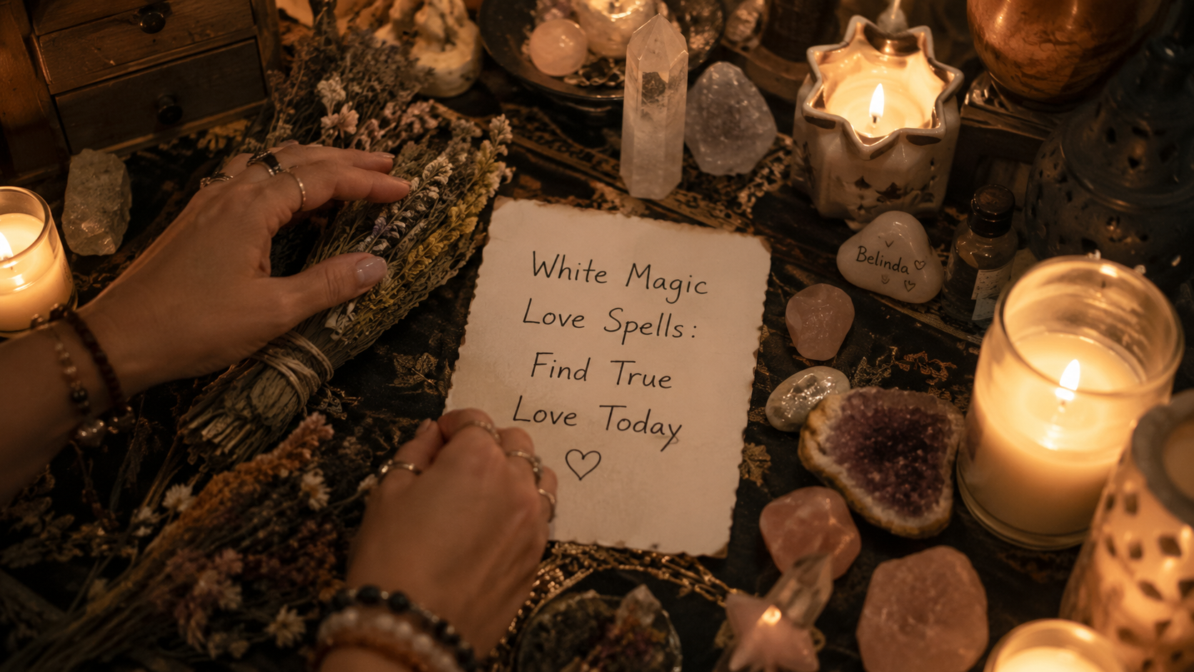White magic love spells with candles and rose petals, symbolizing a gentle path to finding true love today