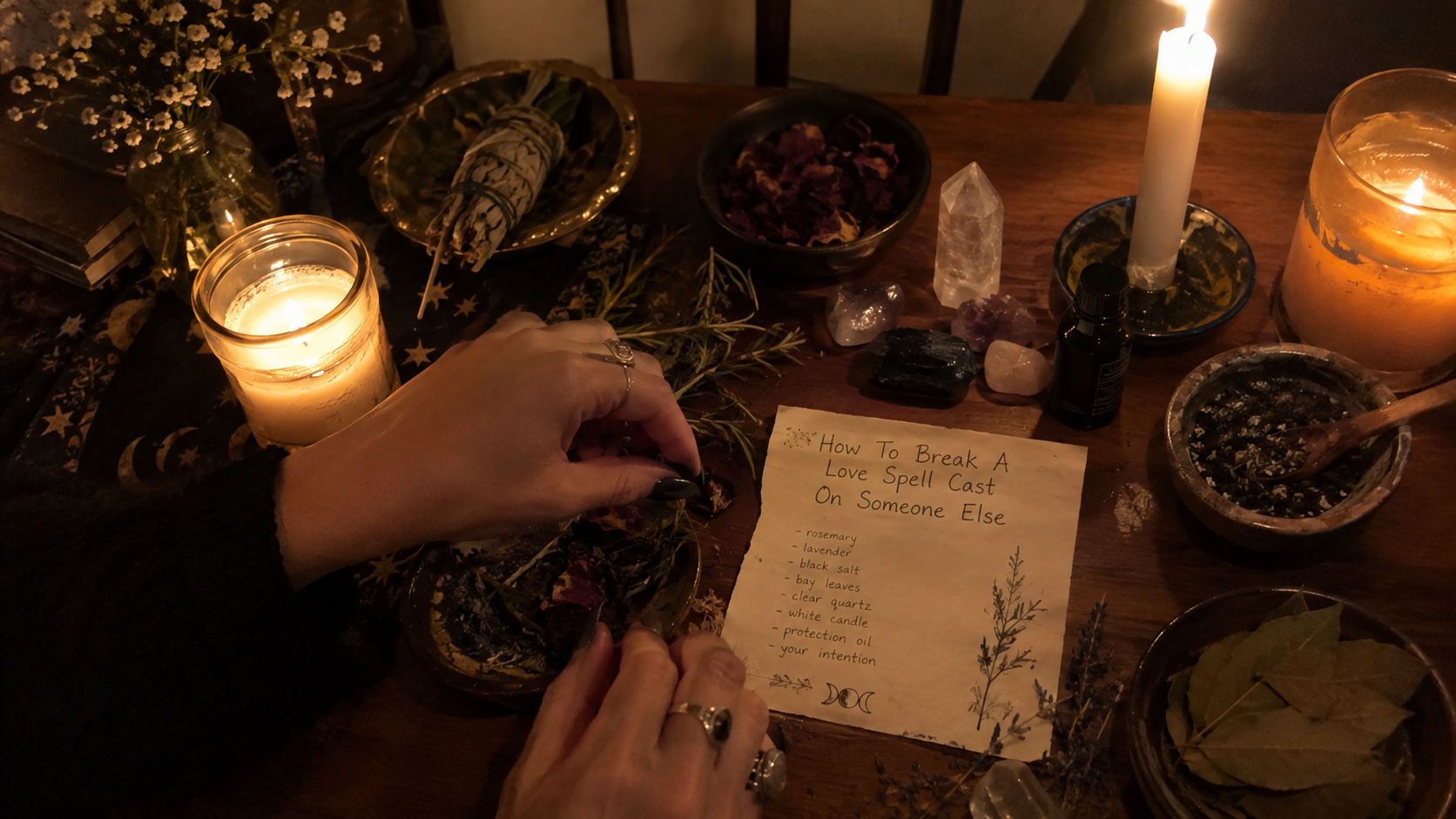 Person performing a spiritual ritual to break a love spell cast on someone else, with candles, herbs, and healing symbols