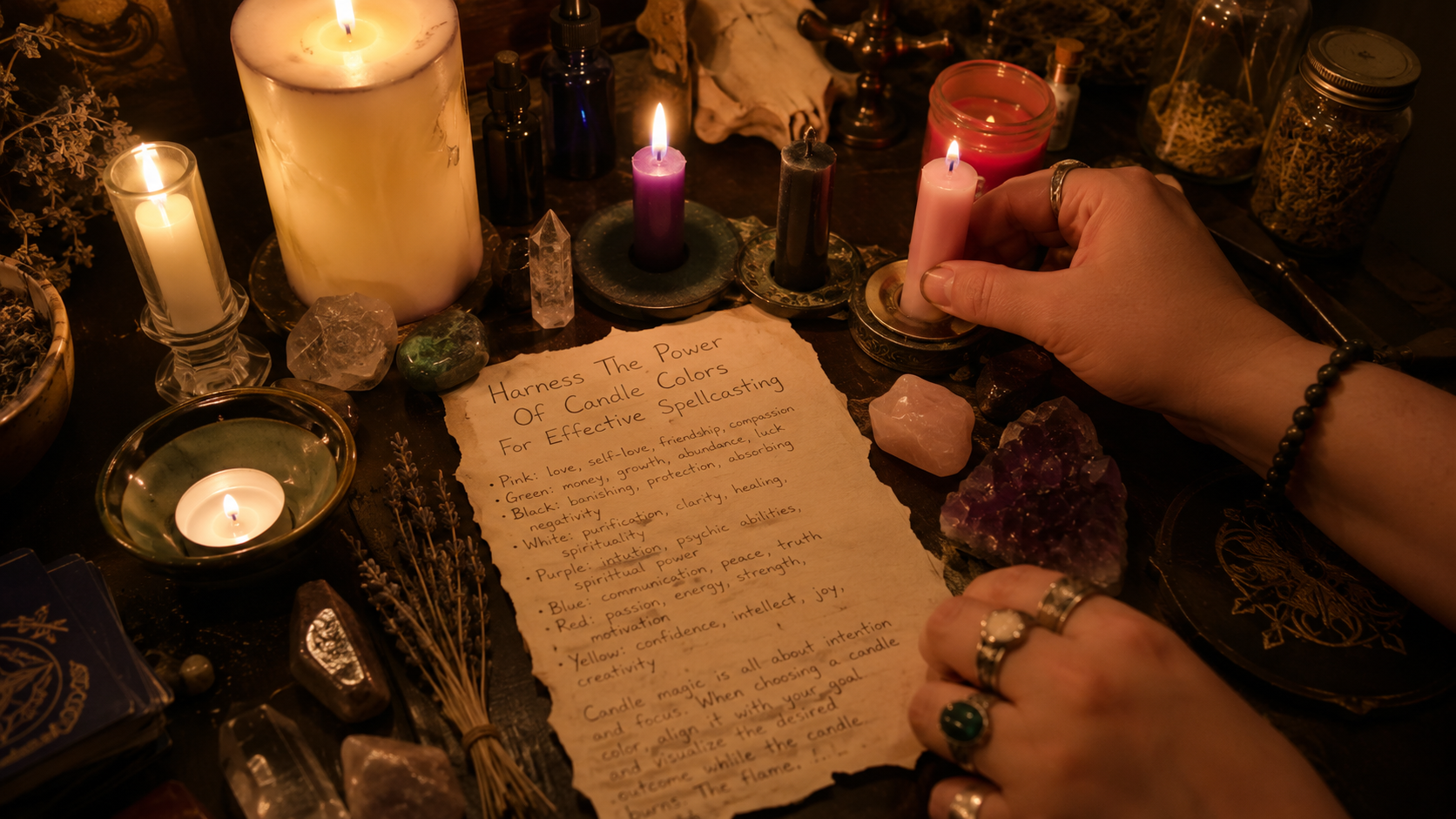 Colorful candle colors arranged for spellcasting rituals, symbolizing intention, energy, and magical focus in a spiritual practice.