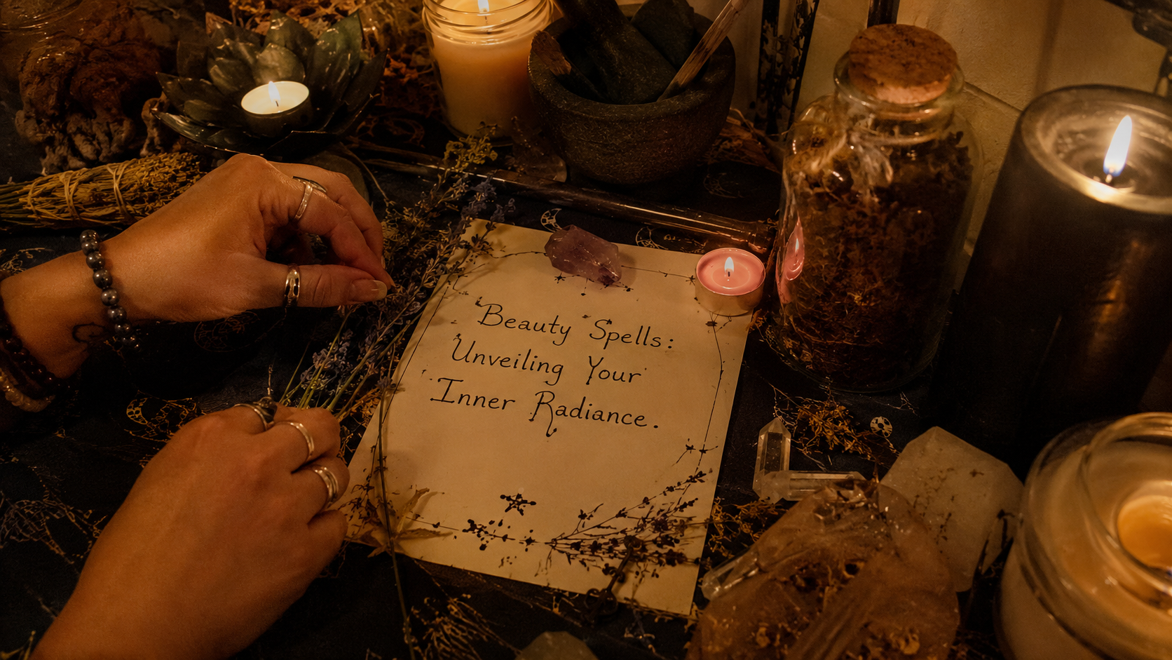 Elegant woman with glowing skin and candles, capturing beauty spells and inner radiance in a mystical self-care scene