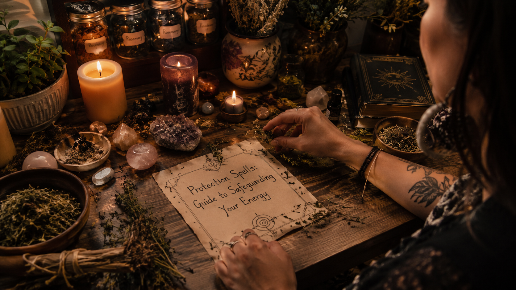 Protection spells with candles and crystals arranged for spiritual energy shielding and safe, positive intentions