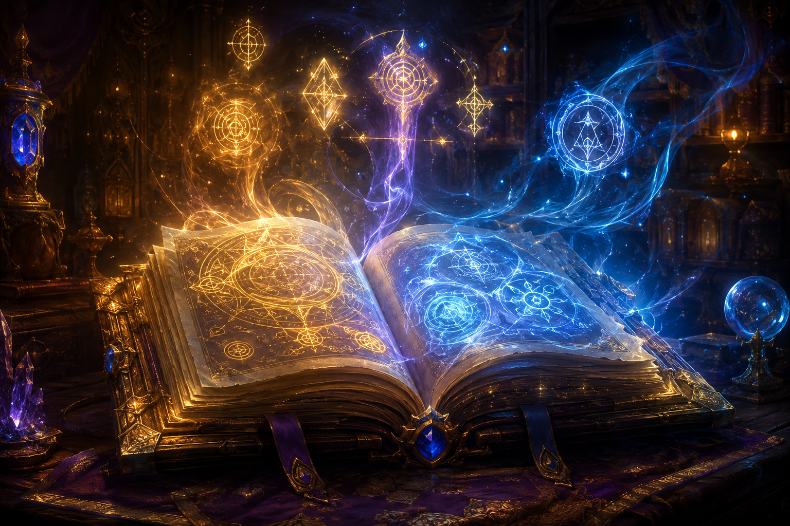 Fantasy spellbook with glowing magical runes
