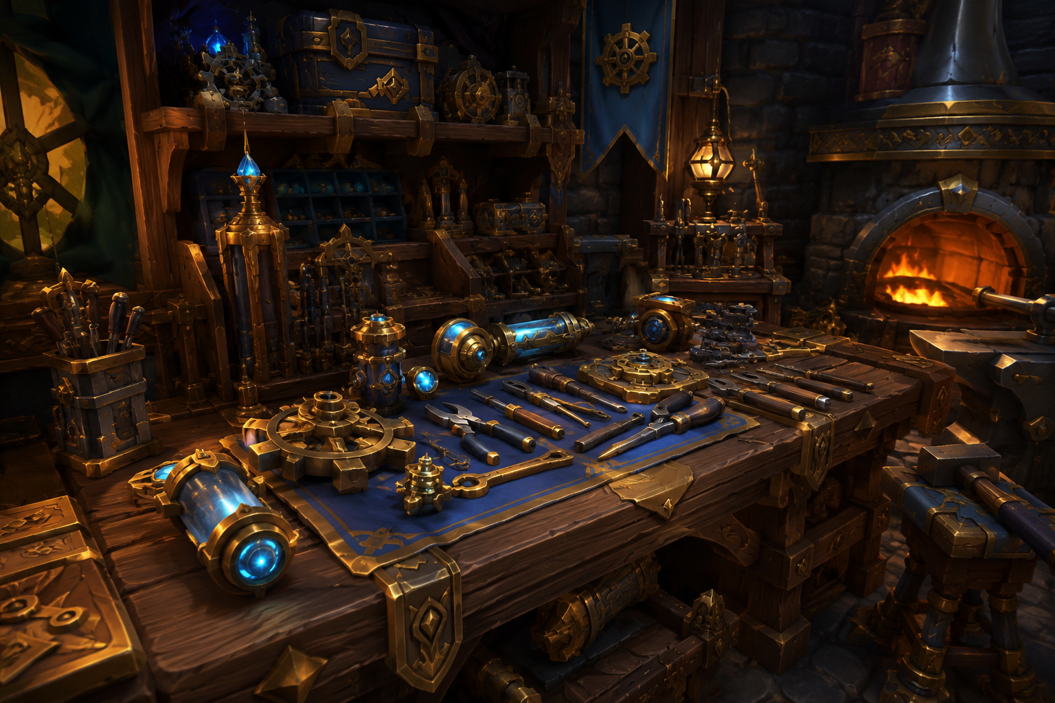 Établi d'artisan fantasy avec des outils enchantés soigneusement rangés