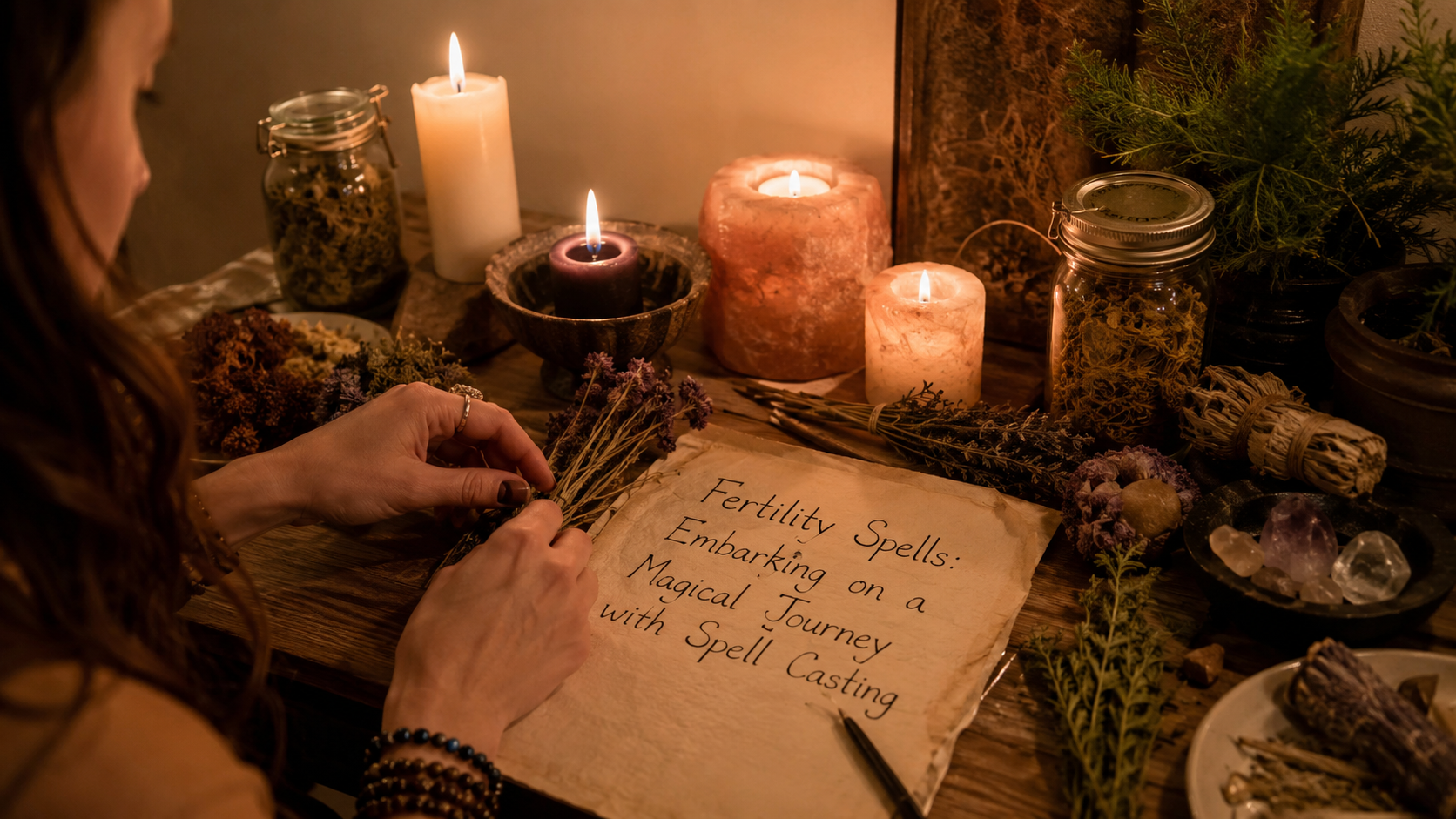 Candlelit altar with herbs and crystals for fertility spells, symbolizing a magical journey in spell casting and new beginnings