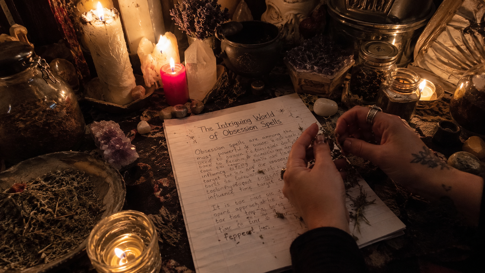 An occult ritual altar with candles, herbs, and a spellbook illustrating the intriguing world of obsession spells