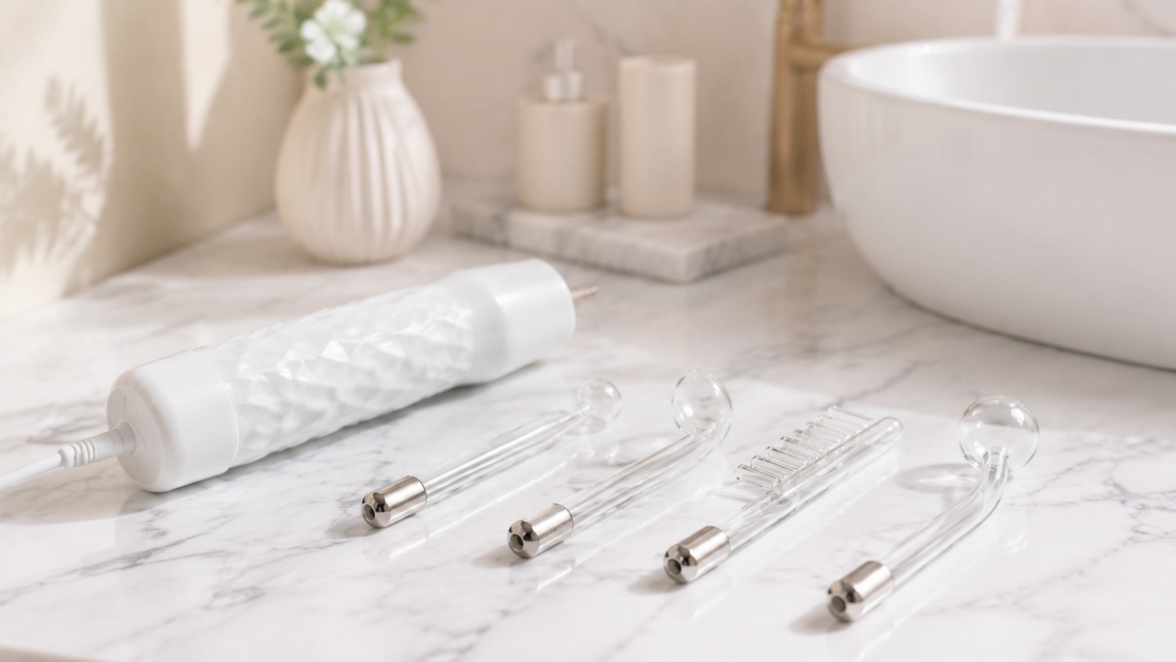 At-home high-frequency wand with electrode attachments on vanity table