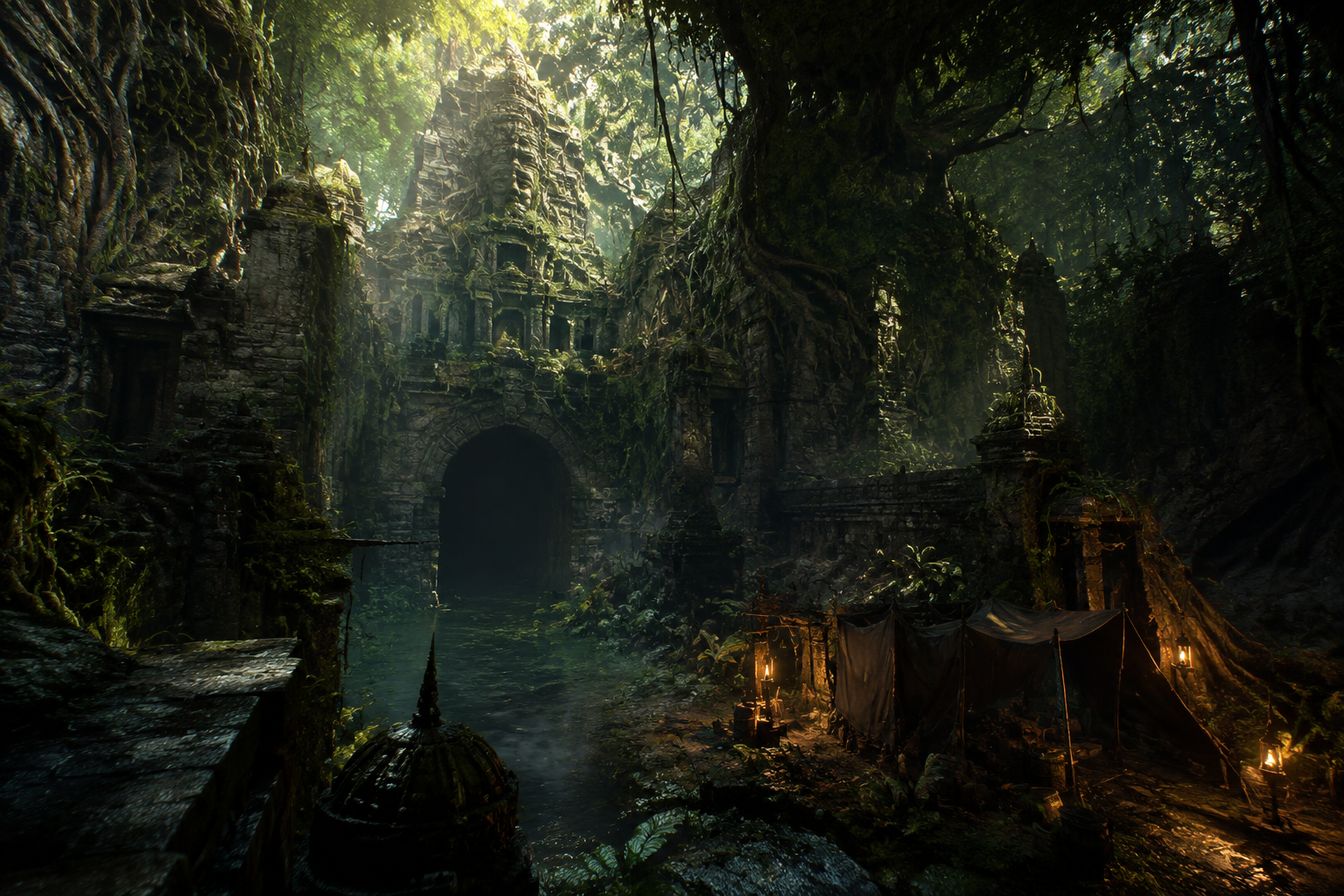 Ruines de la jungle en Acte 3, camp d'explorateurs et entrée des voies d'eau
