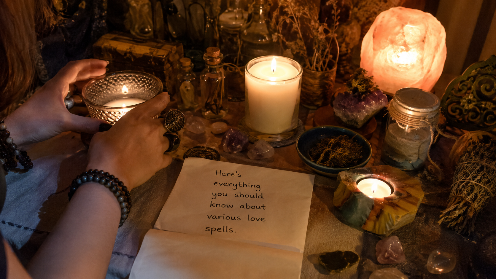Illustration of various love spells with candles, herbs, crystals, and romantic ritual symbols